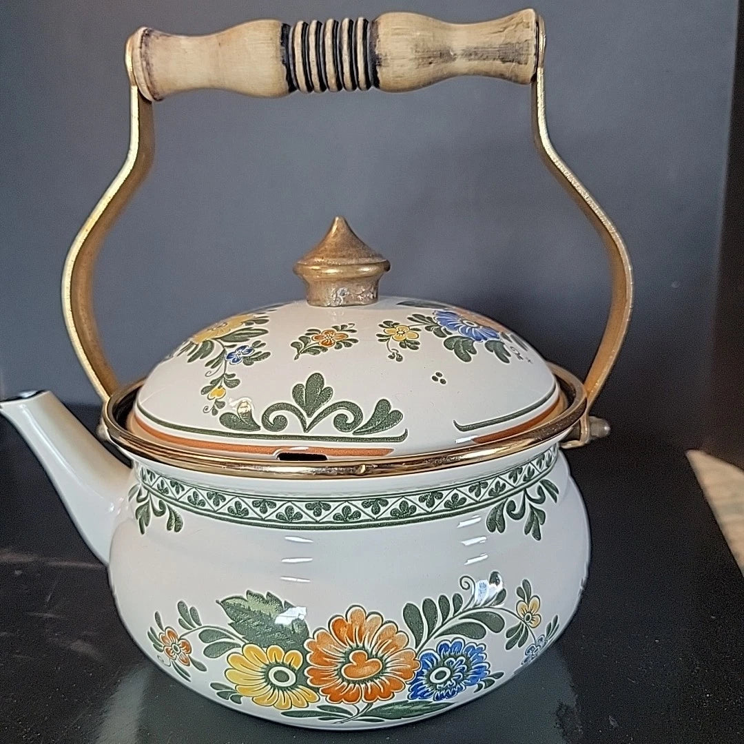 Floral Flowers enamel ware Cottage Grandma Core Asta Teapot Country Orange Blue | eBay