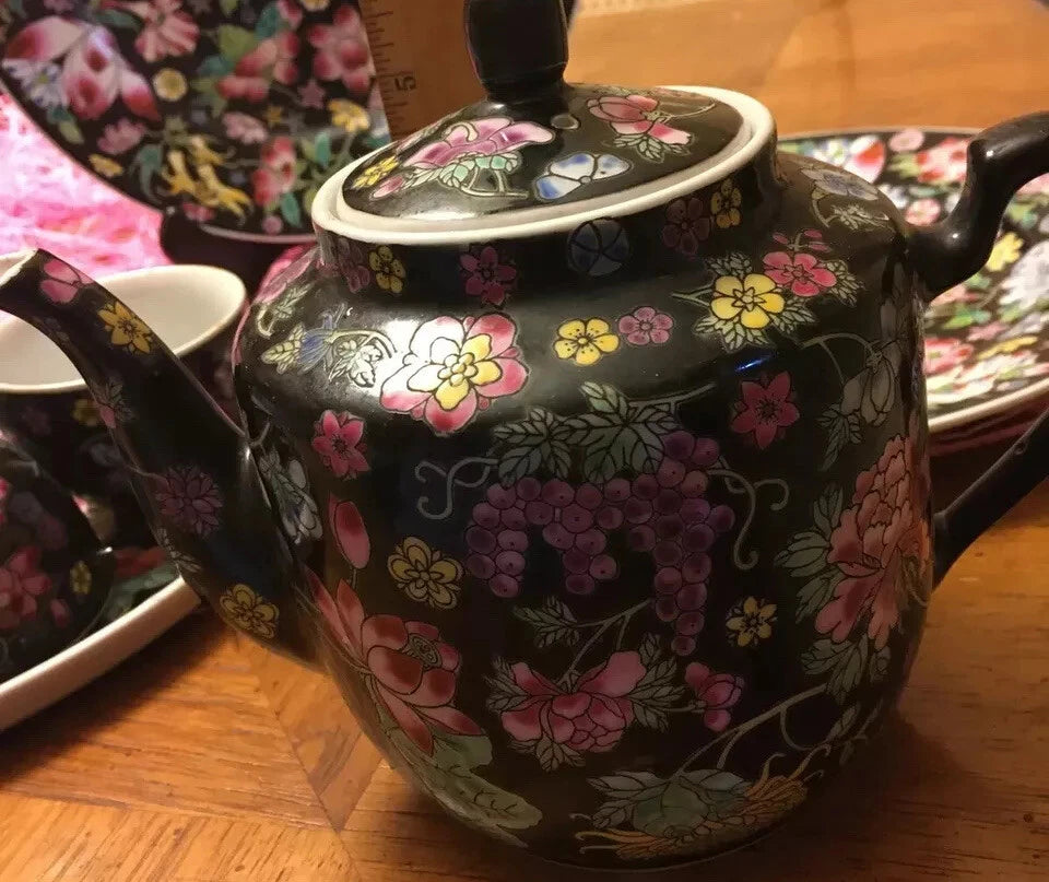 Chinese Millefleur Famille Noire Black Porcelain Enamel Teapot Cups Tray | eBay