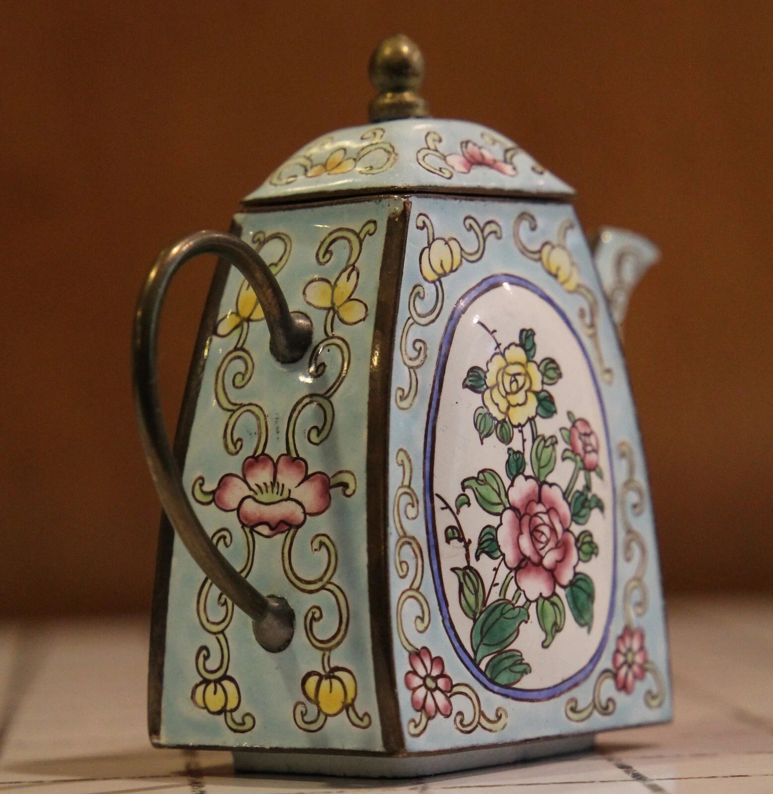 Enamel on Copper Miniature Teapot White & Blue Floral Petite abt 3.5" tall
