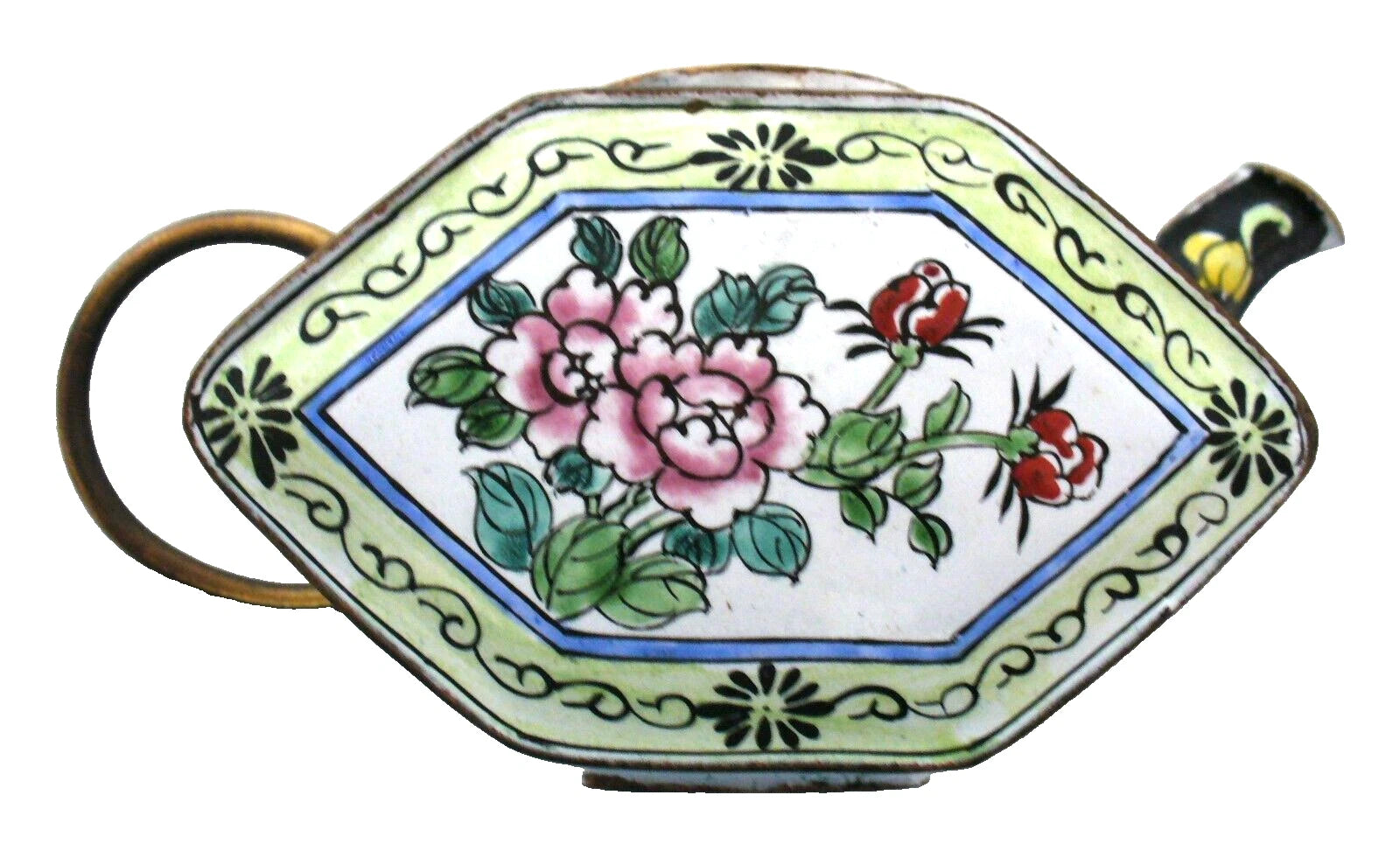 ASIAN~Mini~ENAMEL PAINTED~Floral~HEXAGON~Lidd~Tea Pot~COLLECTIBLE~4.5"x1.75"x3"
