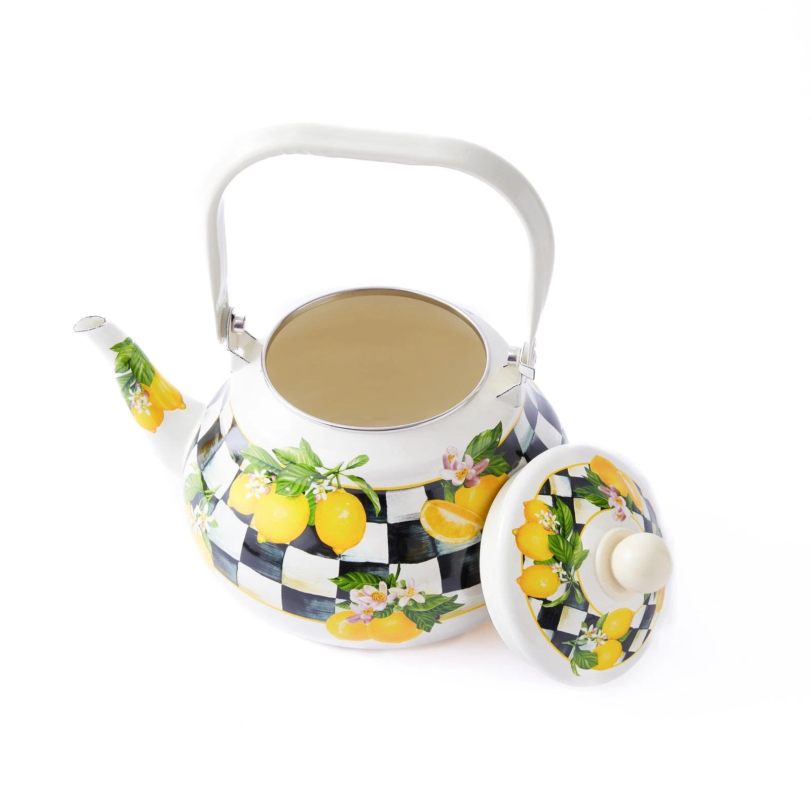 Checkered Tea Kettle with Lemon Pattern – 2 Quart Enamel Stovetop Teapot for ...