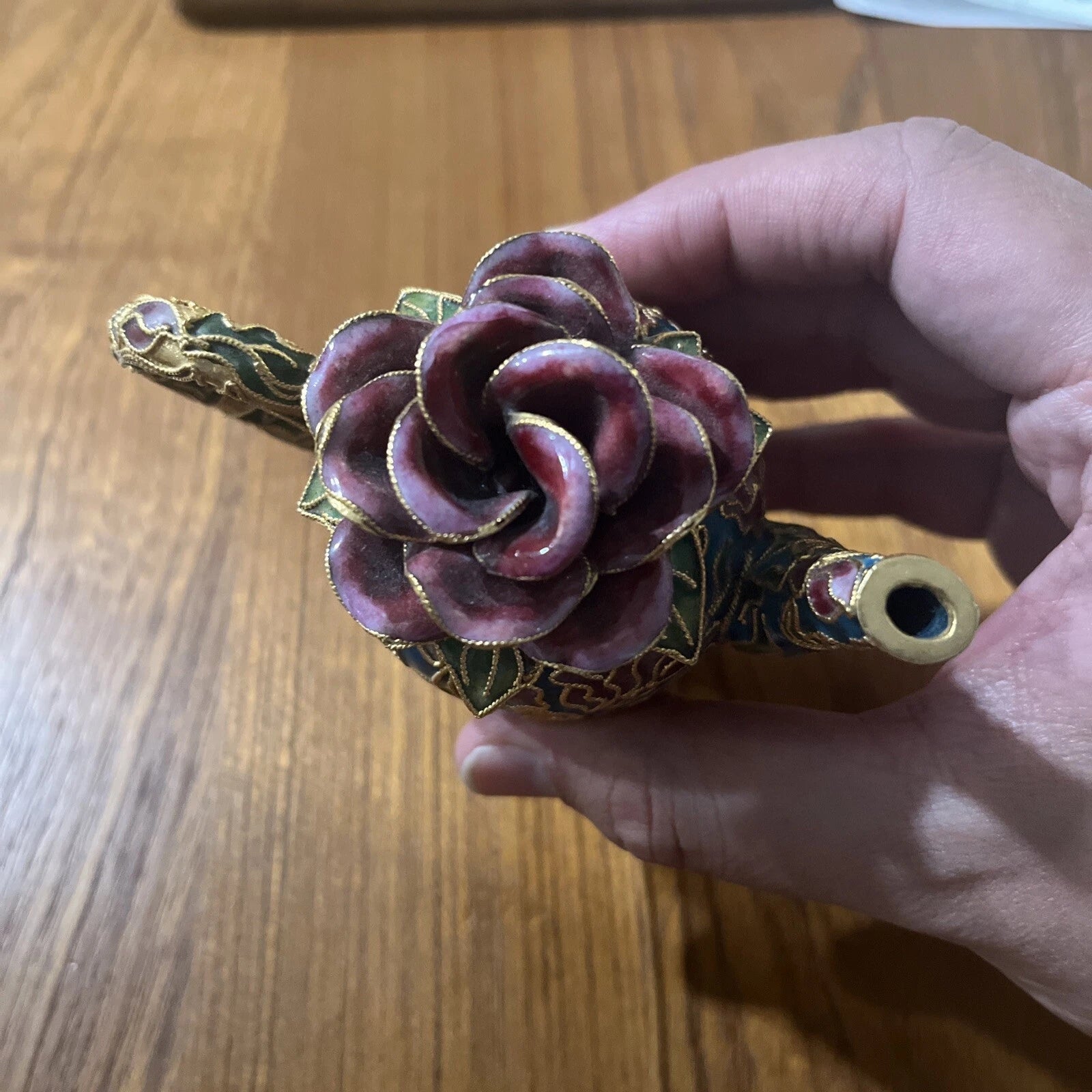 Miniature Floral Enamel Cloisonne Teapot Red Green Gold Rose Design Lid