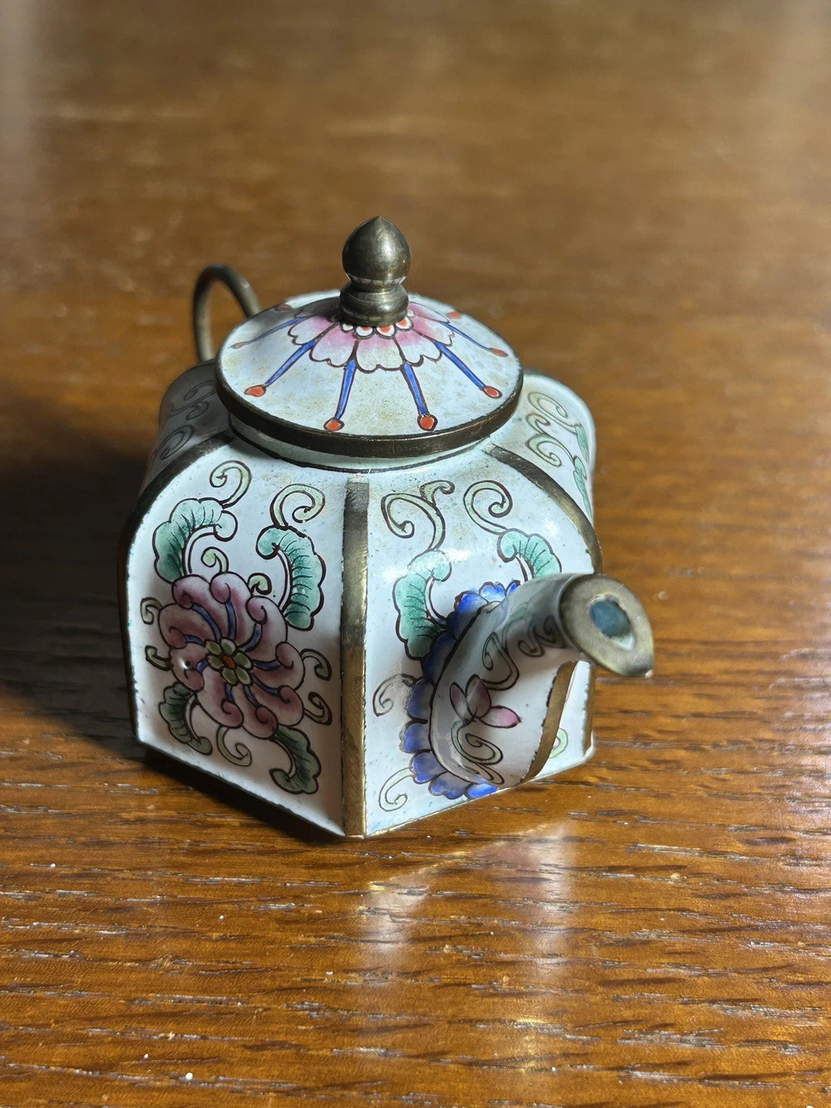 Chinemel B. Yee Enamel On Copper Miniature White Teapot W/Floral Decoration