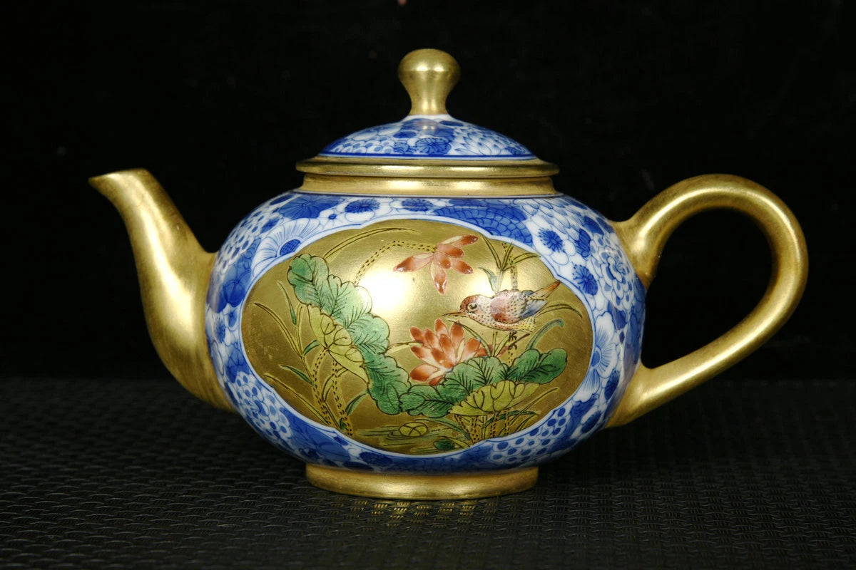 5.5" Antique dynasty Porcelain qianlong mark colour enamels flowers bird Teapot
