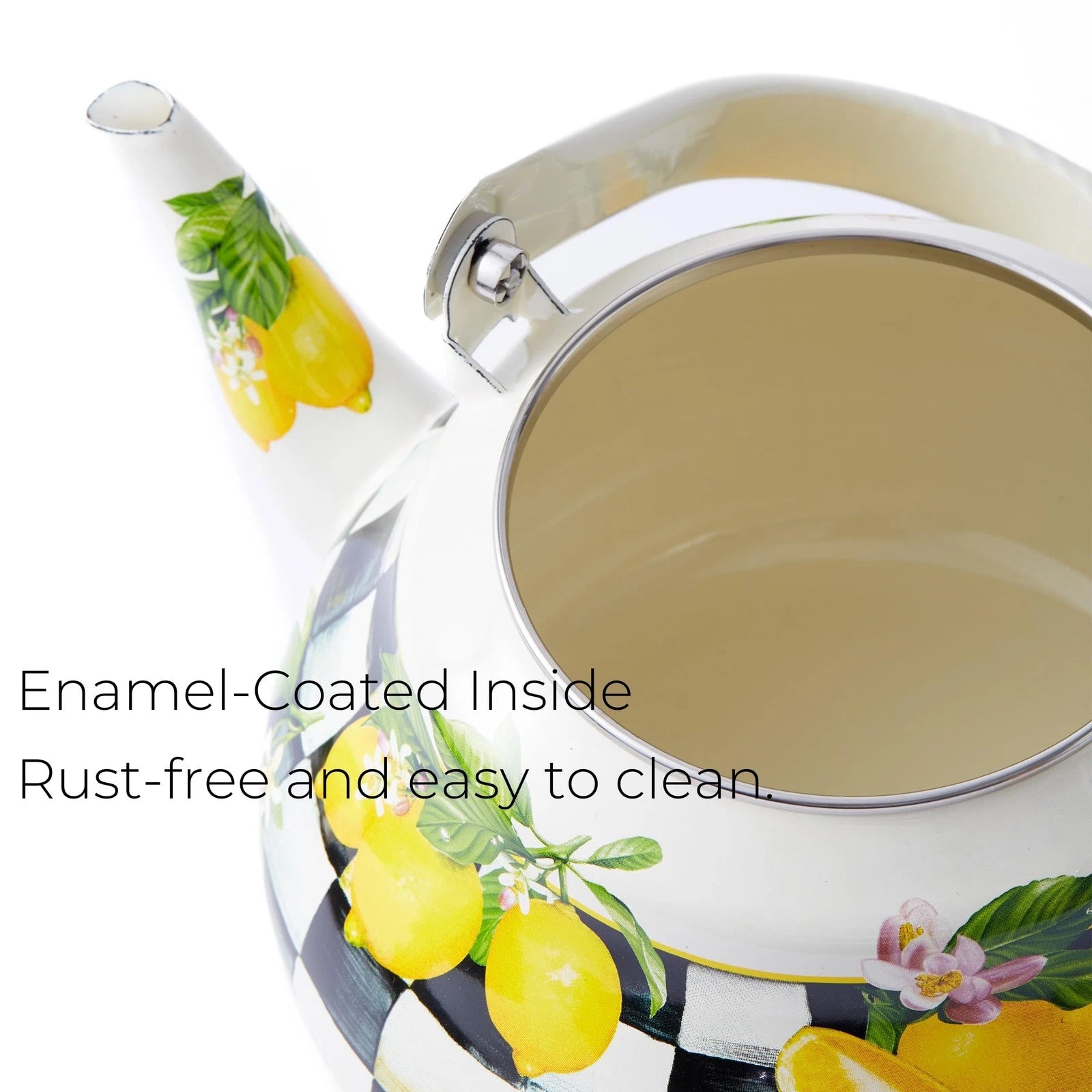Checkered Tea Kettle with Lemon Pattern – 2 Quart Enamel Stovetop Teapot for ...
