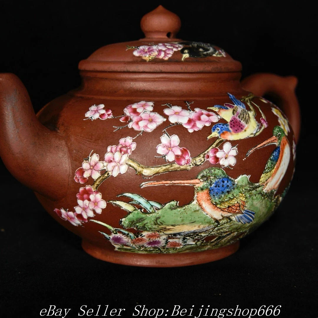 6.4" Marked Chinese Zisha Colour enamels Porcelain Flower Handle Kettle Teapot