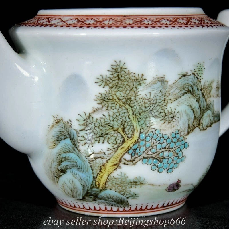 6" Old Chinese Enamel Porcelain Dynasty Landscape Mountain Tree Tea Pot Kettle
