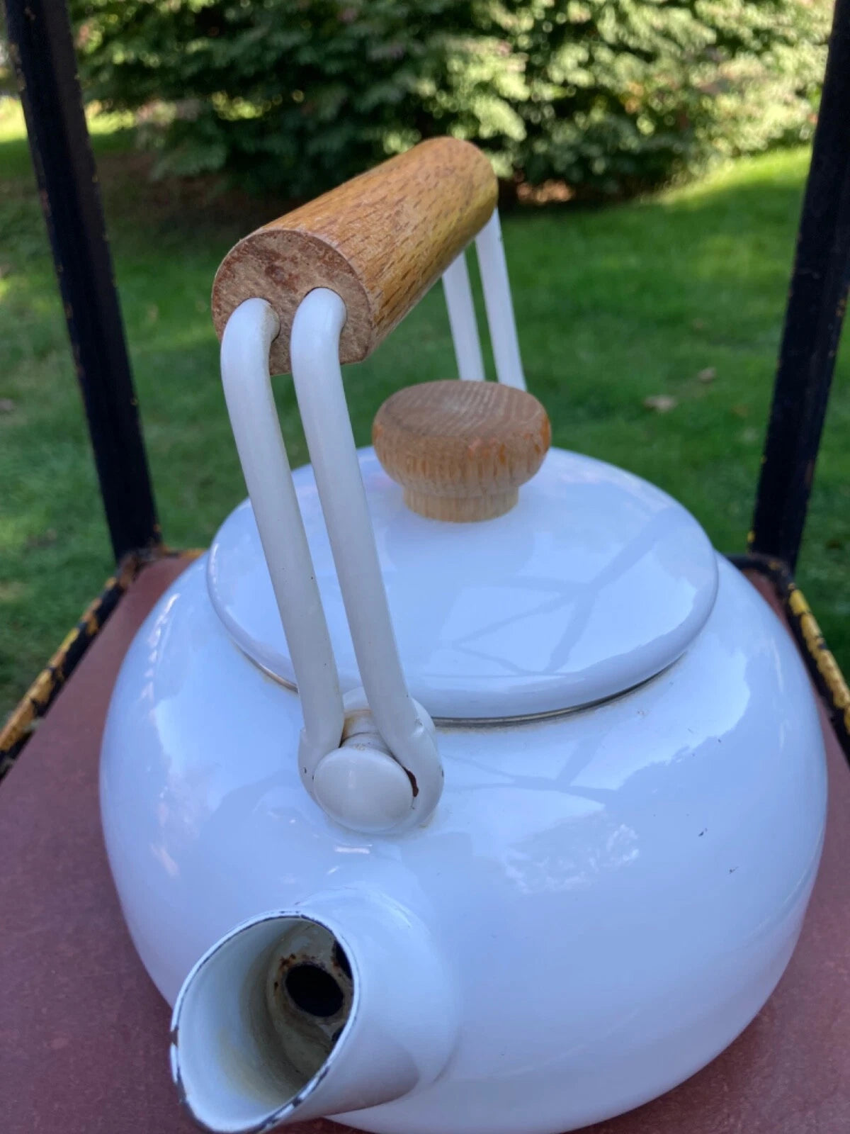 Enamel White MidCentury Tea Pot Kettle Wooden Handle & Knob Vintage | eBay