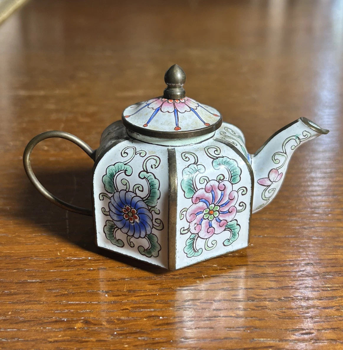 Chinemel B. Yee Enamel On Copper Miniature White Teapot W/Floral Decoration