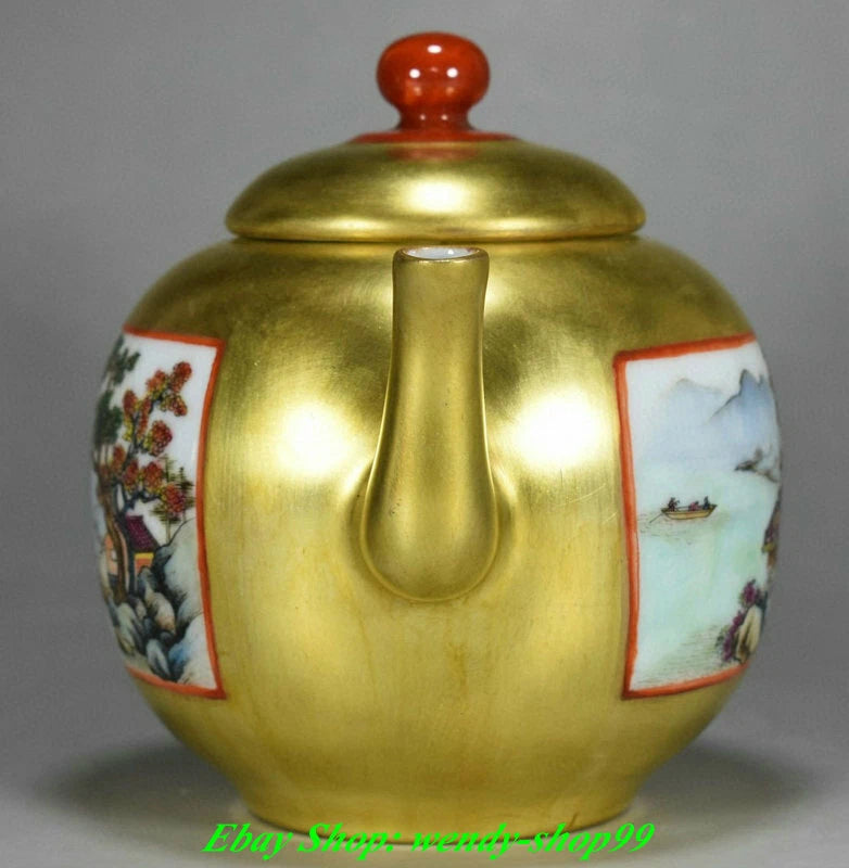 8" DaQing Qianlong Marked Colour Enamel Porcelain Gilt Mountains Rivers Teapot