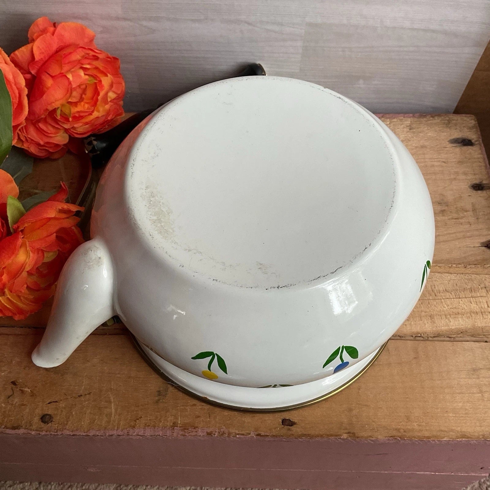 ASTA Enamelware Tea Kettle Teapot Brass Handles Tulips Vtg 1960’s West Germany | eBay