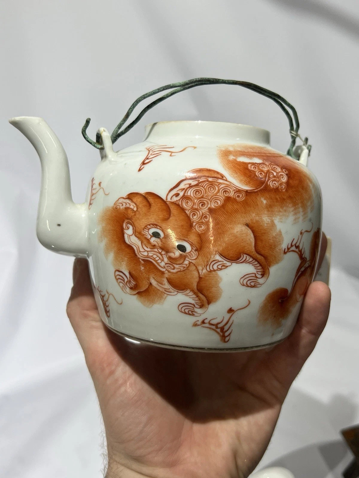 Antique 19th Century Chinese Enamel Foo Dog Famille Rose Teapot Qing Dynasty