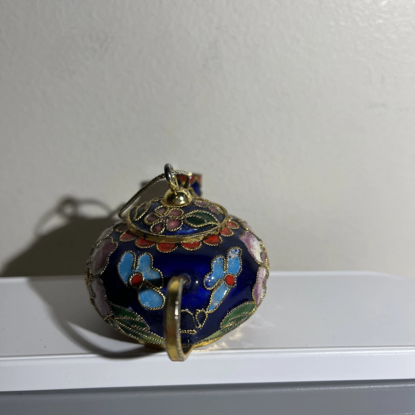 Mini Chinese Cloisonné Enameled Floral Glaze Cobalt Blue Teapot 3.5” L - 2" H