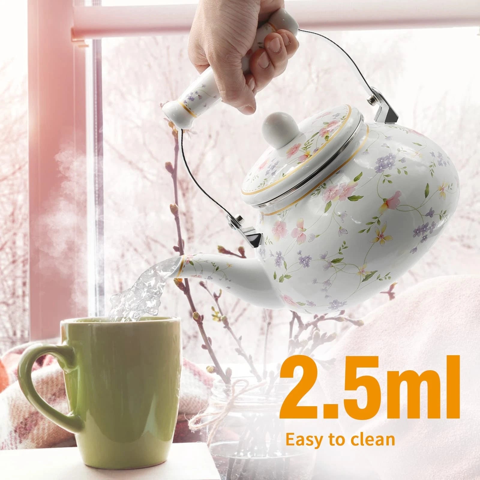 Enamel Teakettle Floral Teapot for Stovetop, 2.5L Large Green Floral Tea Kett...