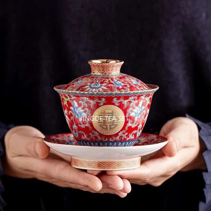 Chinese Wedding Tea Set Enamel Color Ceramic Gaiwan Handmade Beauty Teacup