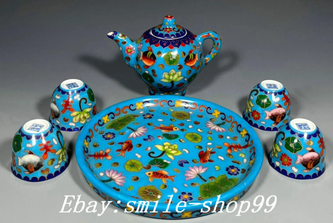 8.4" Ming Dynasty Enamel Colour Porcelain Fish Wine Tea Pot Drinking Vessel Set