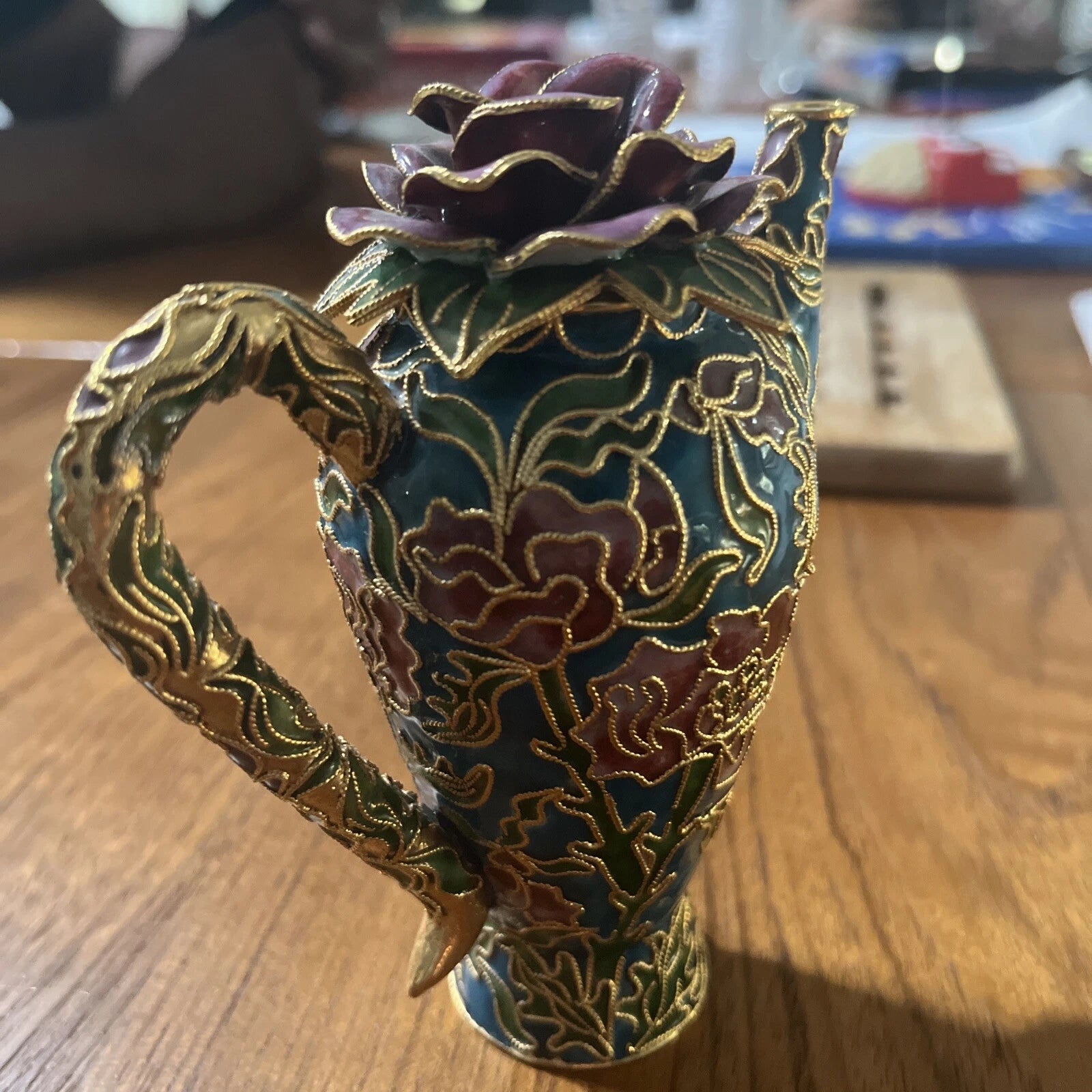 Miniature Floral Enamel Cloisonne Teapot Red Green Gold Rose Design Lid