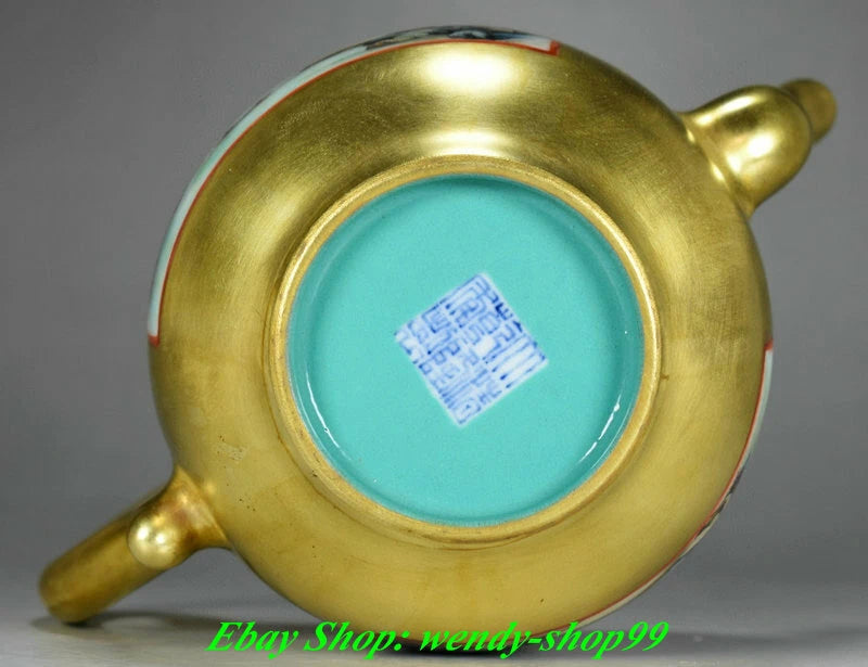 8" DaQing Qianlong Marked Colour Enamel Porcelain Gilt Mountains Rivers Teapot