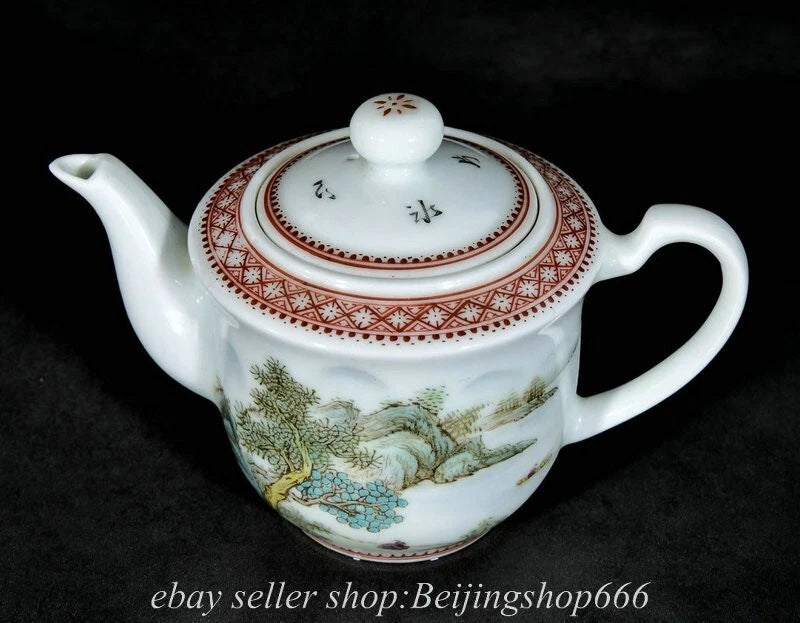 6" Old Chinese Enamel Porcelain Dynasty Landscape Mountain Tree Tea Pot Kettle