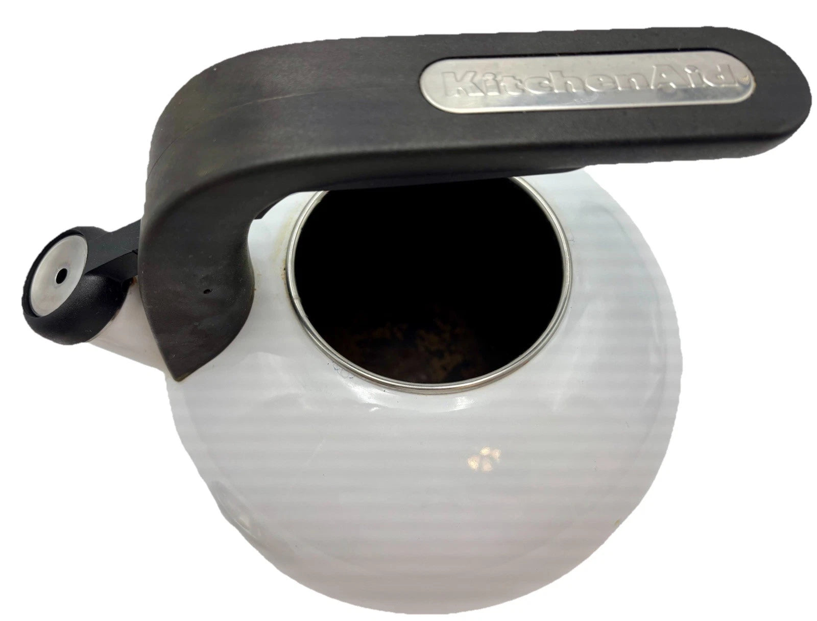 Kitchen Aid Tea Pot Whistling White Enamel Kettle Black Handle Chrome Trim