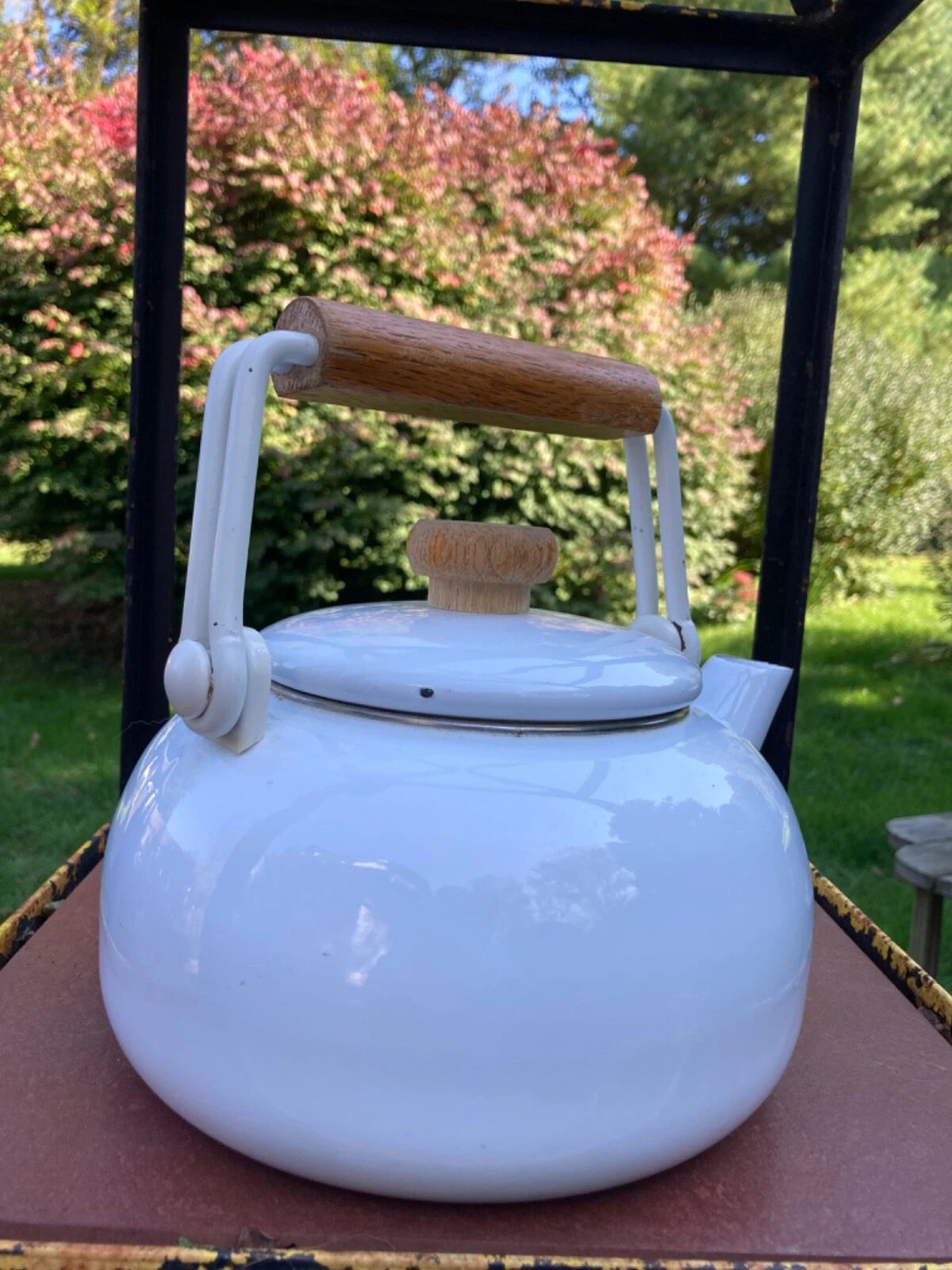 Enamel White MidCentury Tea Pot Kettle Wooden Handle & Knob Vintage | eBay