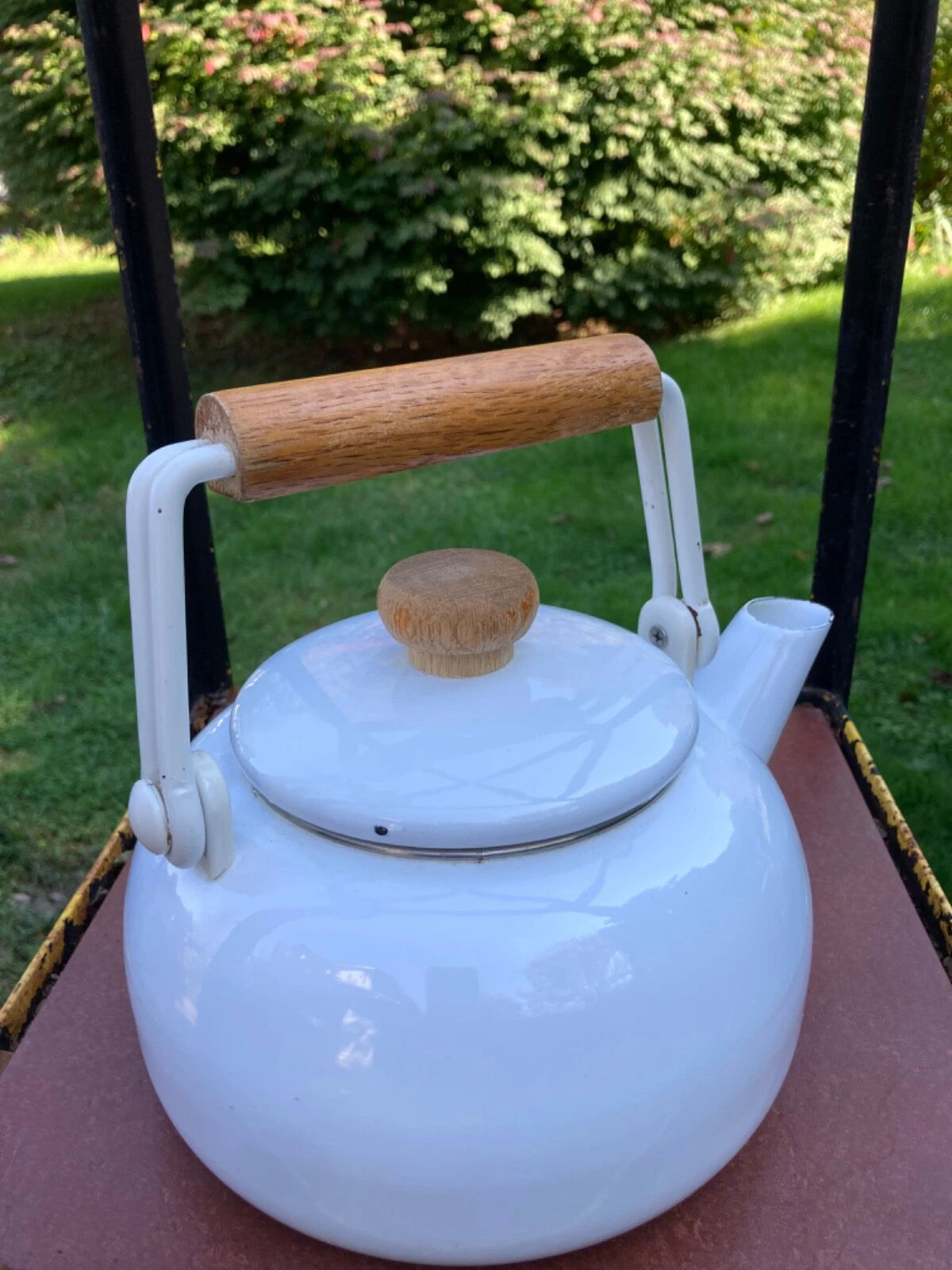 Enamel White MidCentury Tea Pot Kettle Wooden Handle & Knob Vintage | eBay