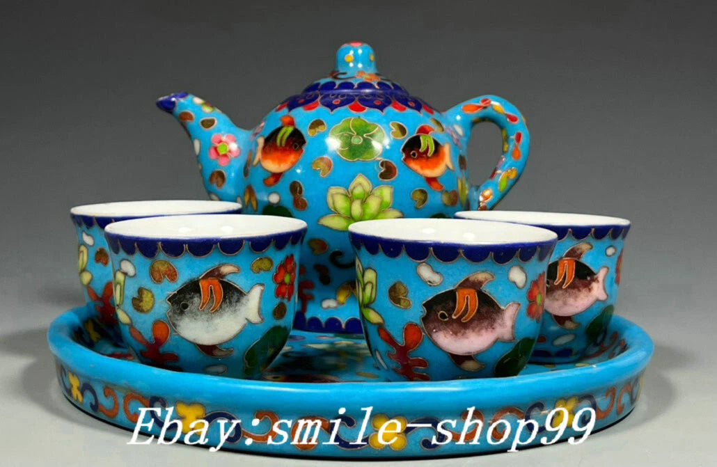 8.4" Ming Dynasty Enamel Colour Porcelain Fish Wine Tea Pot Drinking Vessel Set