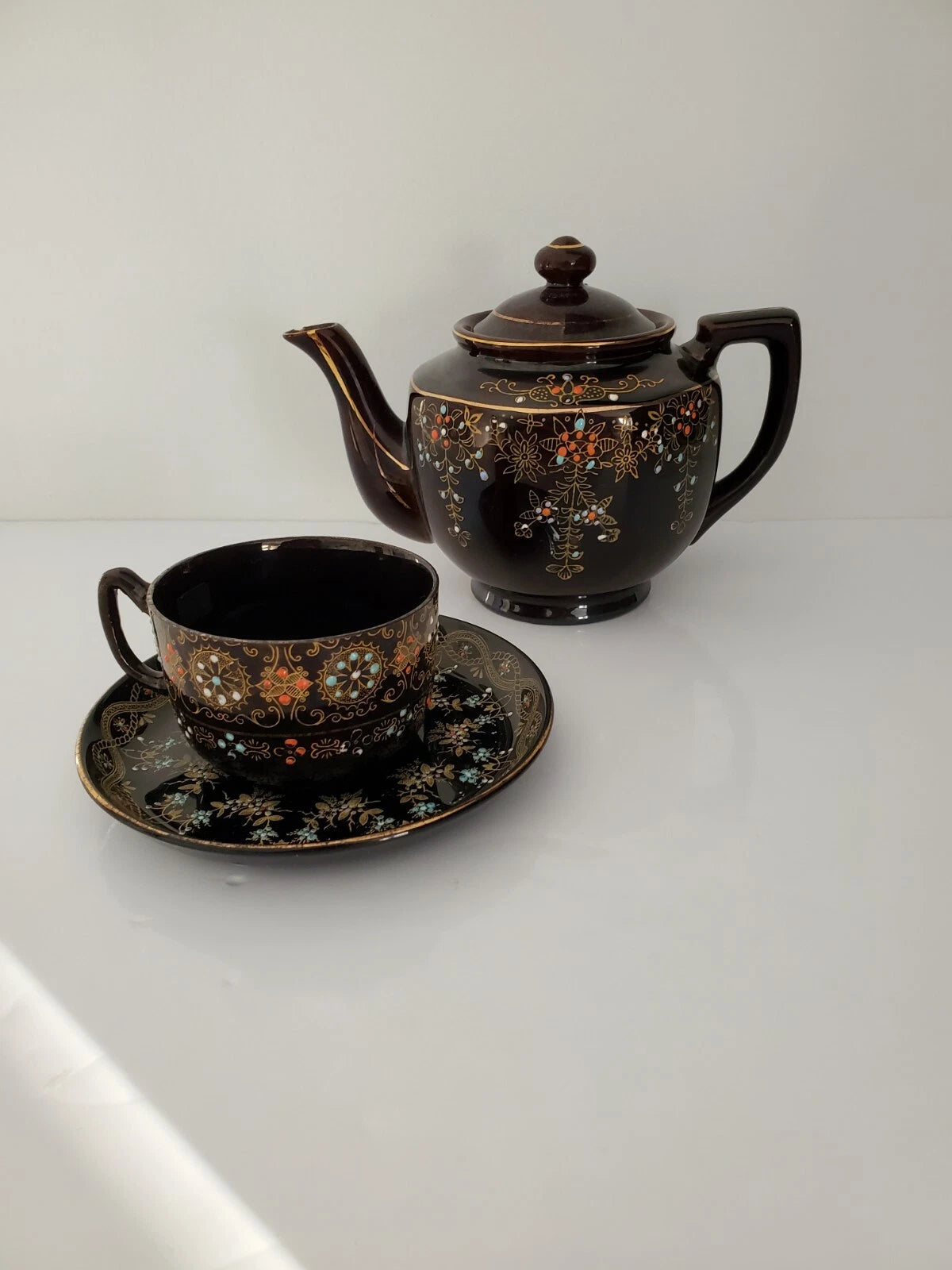 Antique Gibson & Son Burem England Enameled  Hand Painted  Teapot Cup Saucer Set