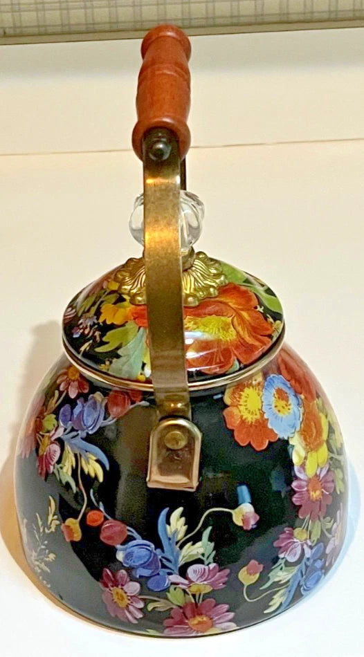 MacKenzie Childs Black Flower Market 2 Quart Enamel Teapot Kettle - EUC