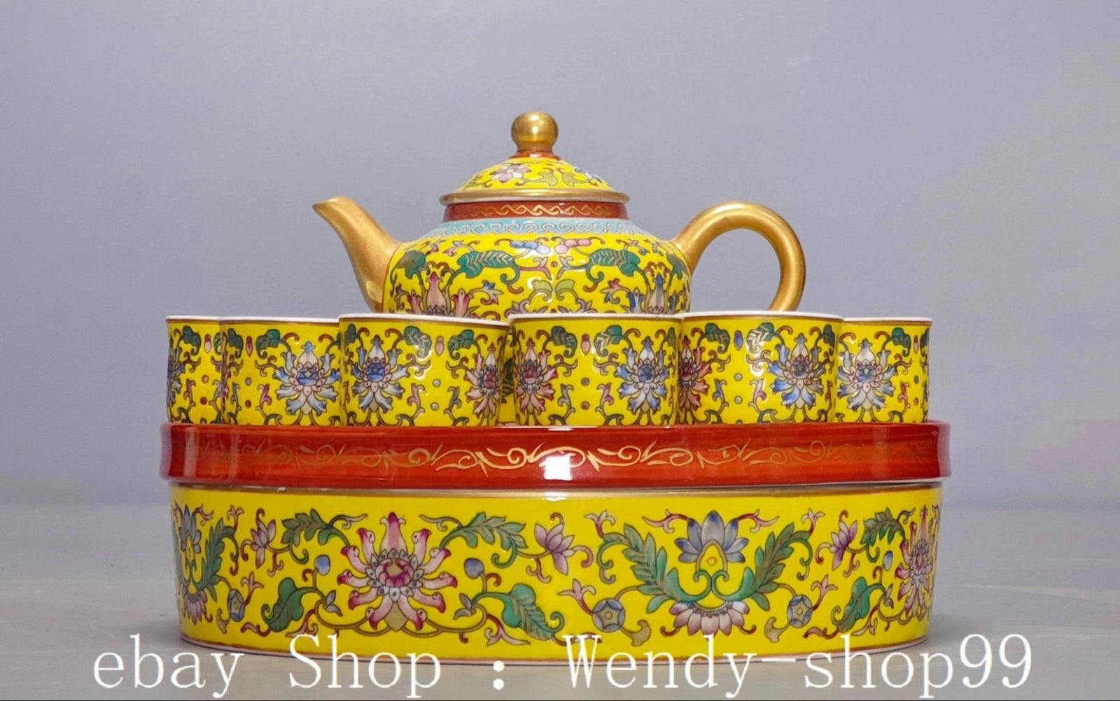8.6" YongZheng Colour Enamel Porcelain Gilt  Flower Pattern Teapot Cup Dish Set