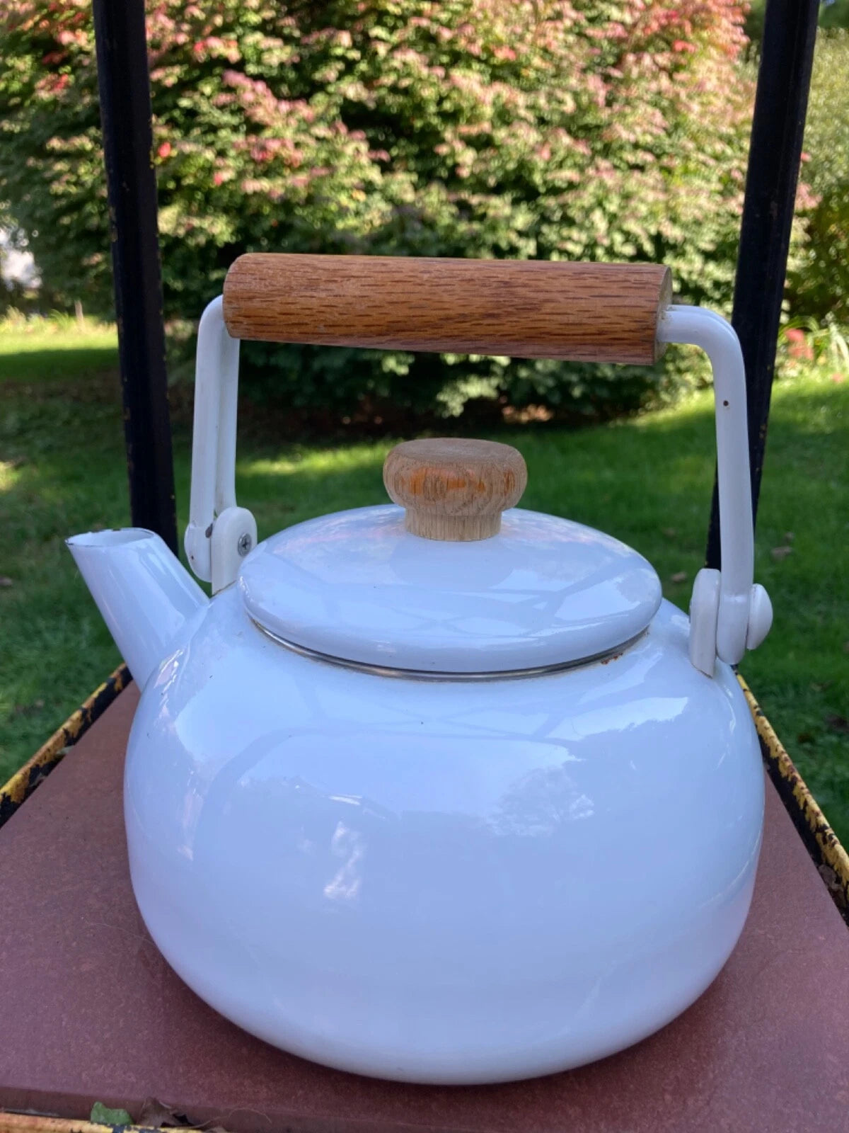 Enamel White MidCentury Tea Pot Kettle Wooden Handle & Knob Vintage | eBay