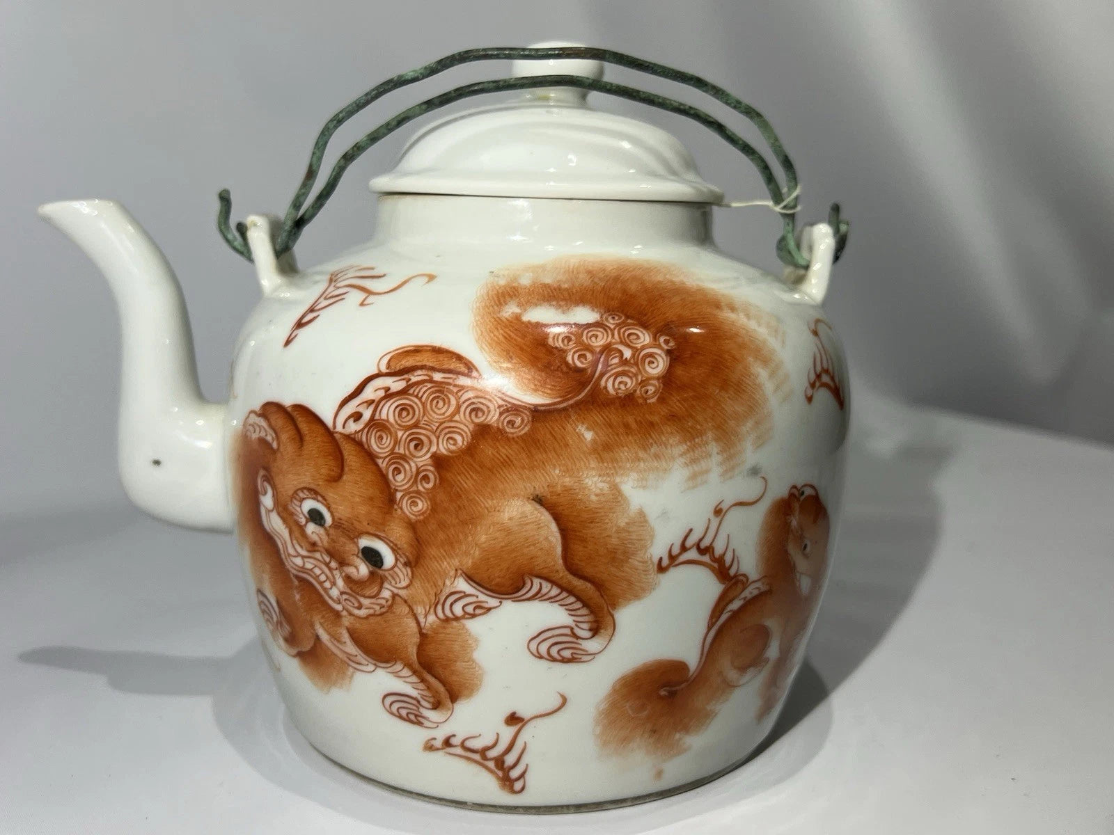 Antique 19th Century Chinese Enamel Foo Dog Famille Rose Teapot Qing Dynasty