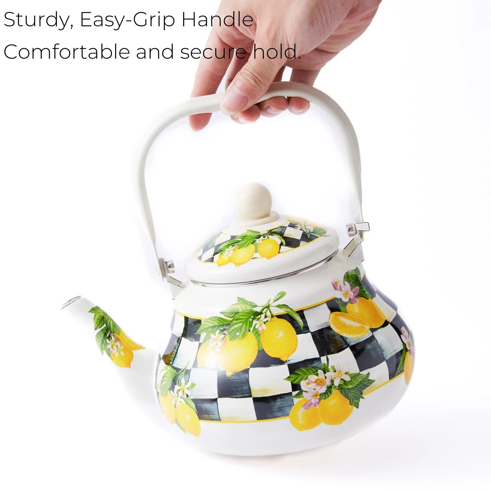 Checkered Tea Kettle with Lemon Pattern – 2 Quart Enamel Stovetop Teapot for ...