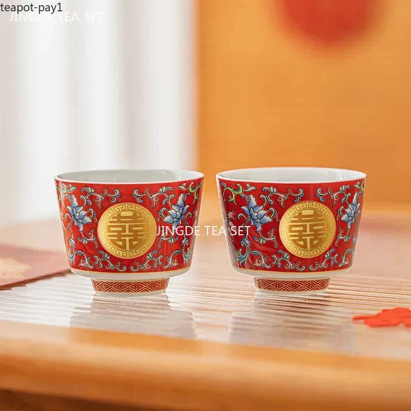 Chinese Wedding Tea Set Enamel Color Ceramic Gaiwan Handmade Beauty Teacup
