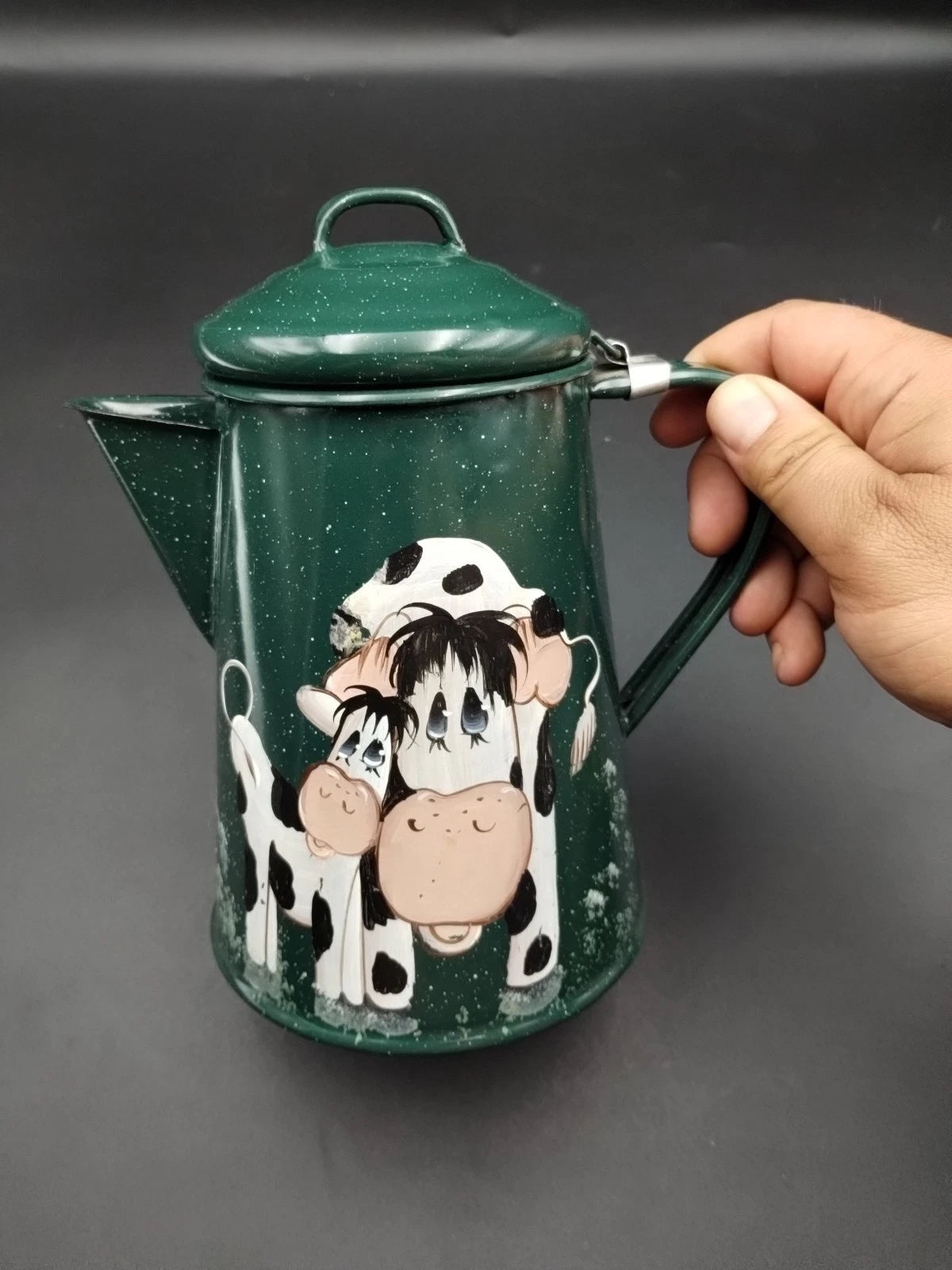 ENAMEL SPECKLE WARE TEAPOT GREEN COW GRAPHICS  8" TALL  5" ACROSS THE BOTTOM
