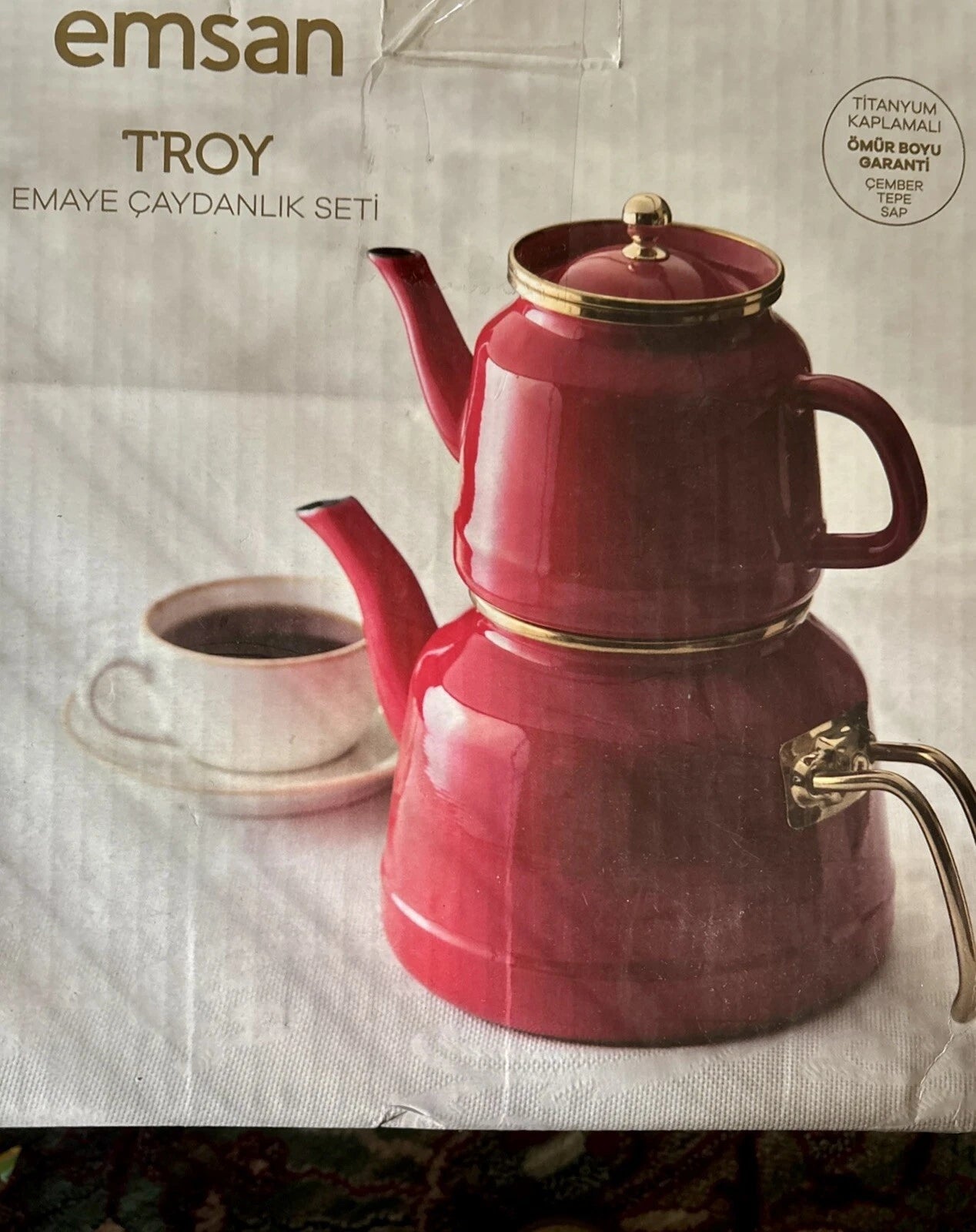 Emsan Troy Retro Red Enamel Turkish Teapot & Lid Set 2 Kettles 3.6 LT Rare NEW