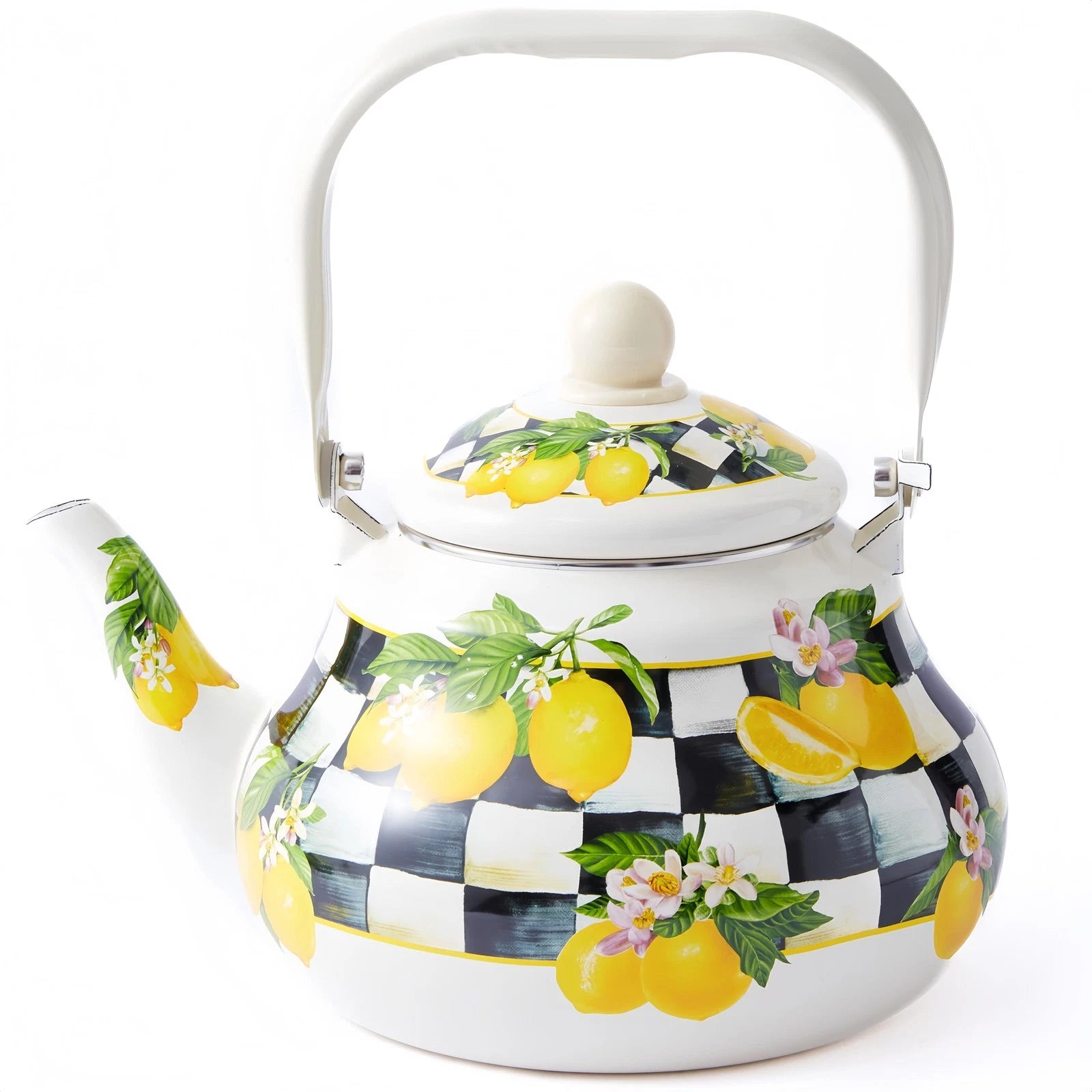 Checkered Tea Kettle with Lemon Pattern – 2 Quart Enamel Stovetop Teapot for ...