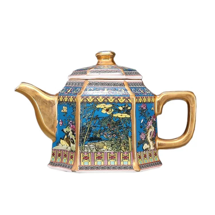 Jingdezhen Antique Qianlong Enamel Gold Teapot With Handle Hexagon Teapots