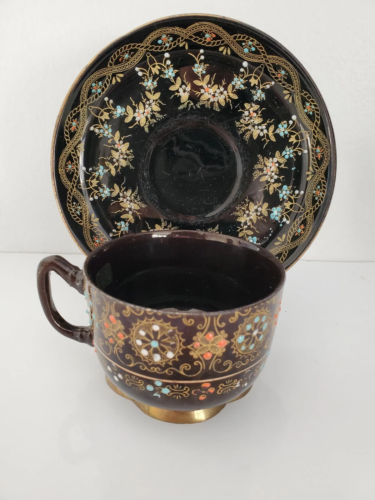 Antique Gibson & Son Burem England Enameled  Hand Painted  Teapot Cup Saucer Set