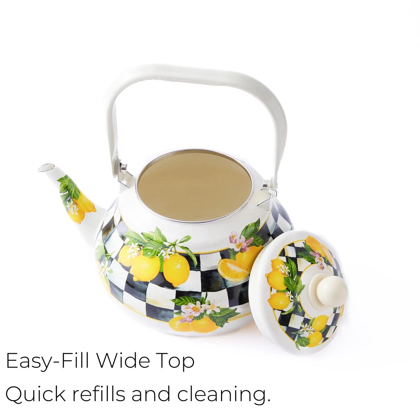 Checkered Tea Kettle with Lemon Pattern – 2 Quart Enamel Stovetop Teapot for ...