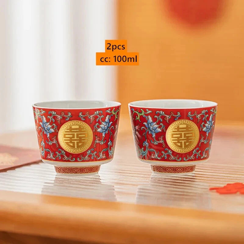 Chinese Wedding Tea Set Enamel Color Ceramic Gaiwan Handmade Beauty Teacup