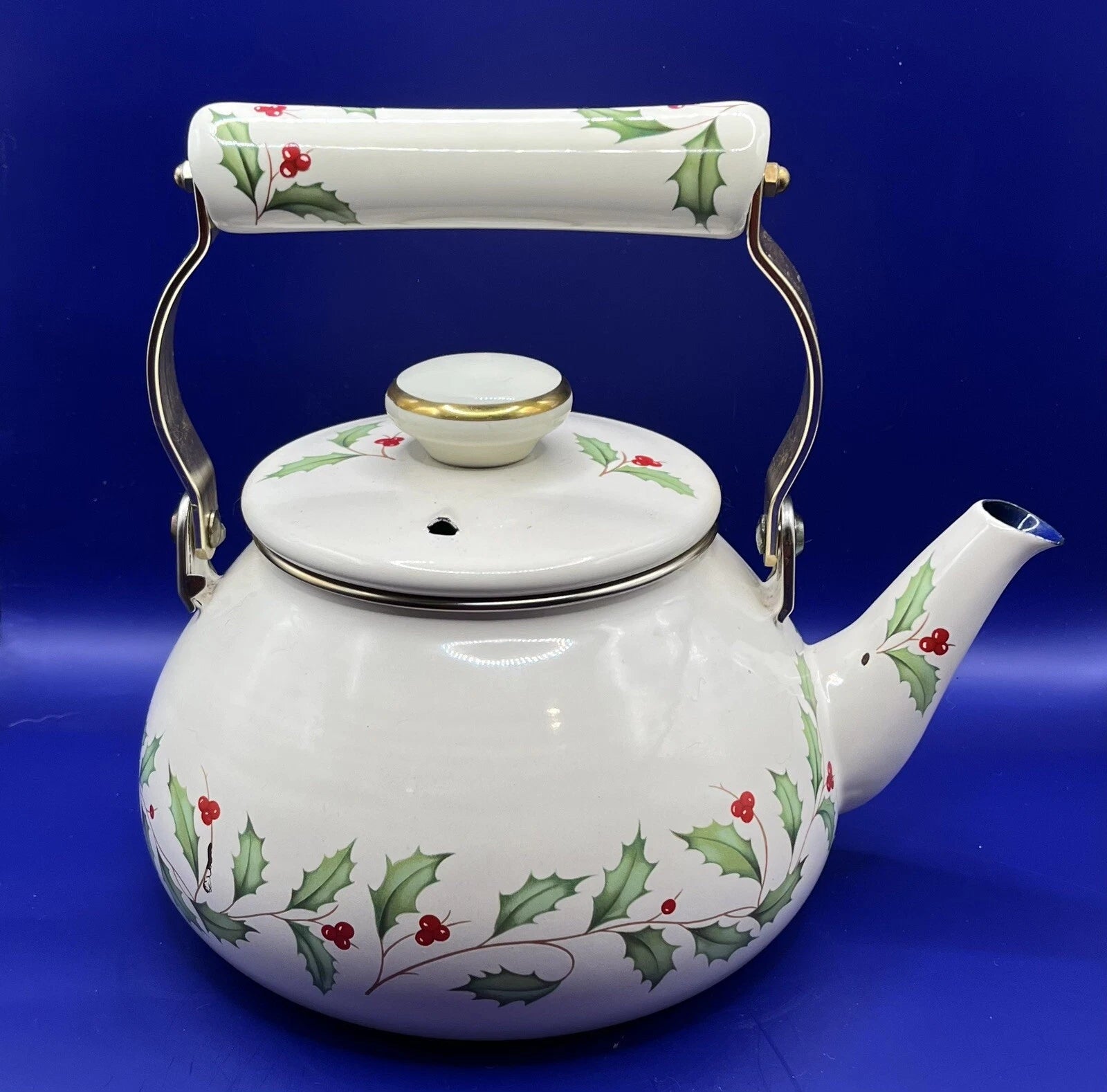 Lenox Tea Kettle Holiday Holly Berry Enamel Pot Porcelain Handle Christmas Metal | eBay
