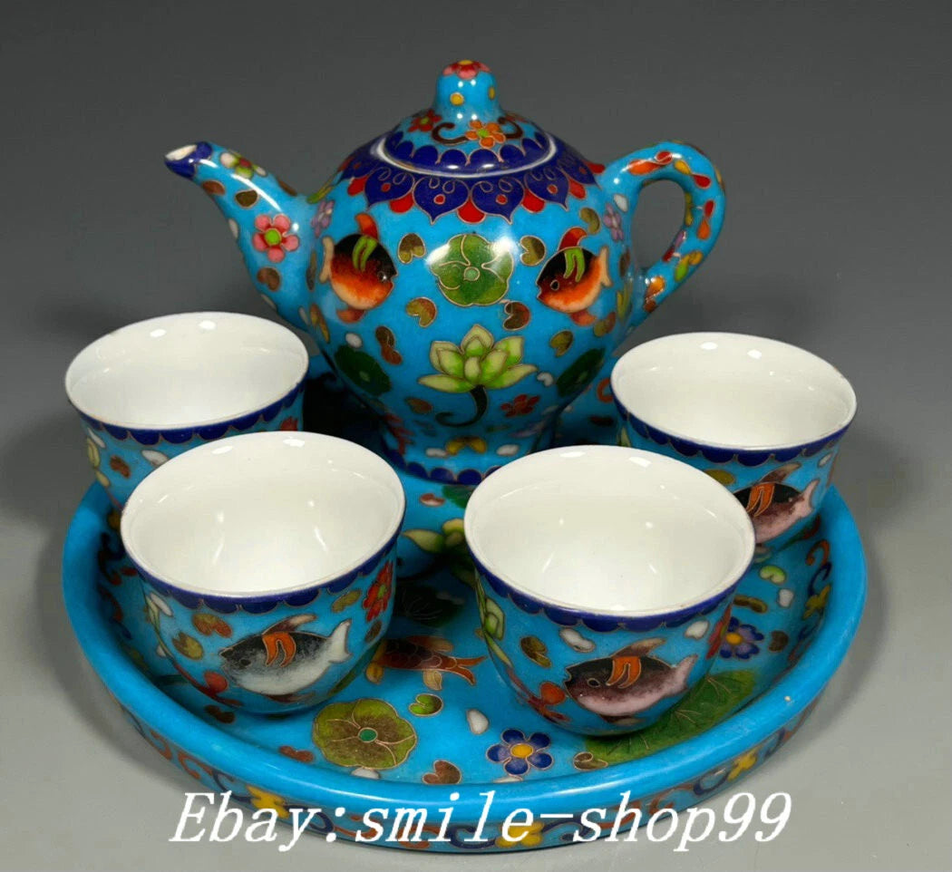 8.4" Ming Dynasty Enamel Colour Porcelain Fish Wine Tea Pot Drinking Vessel Set