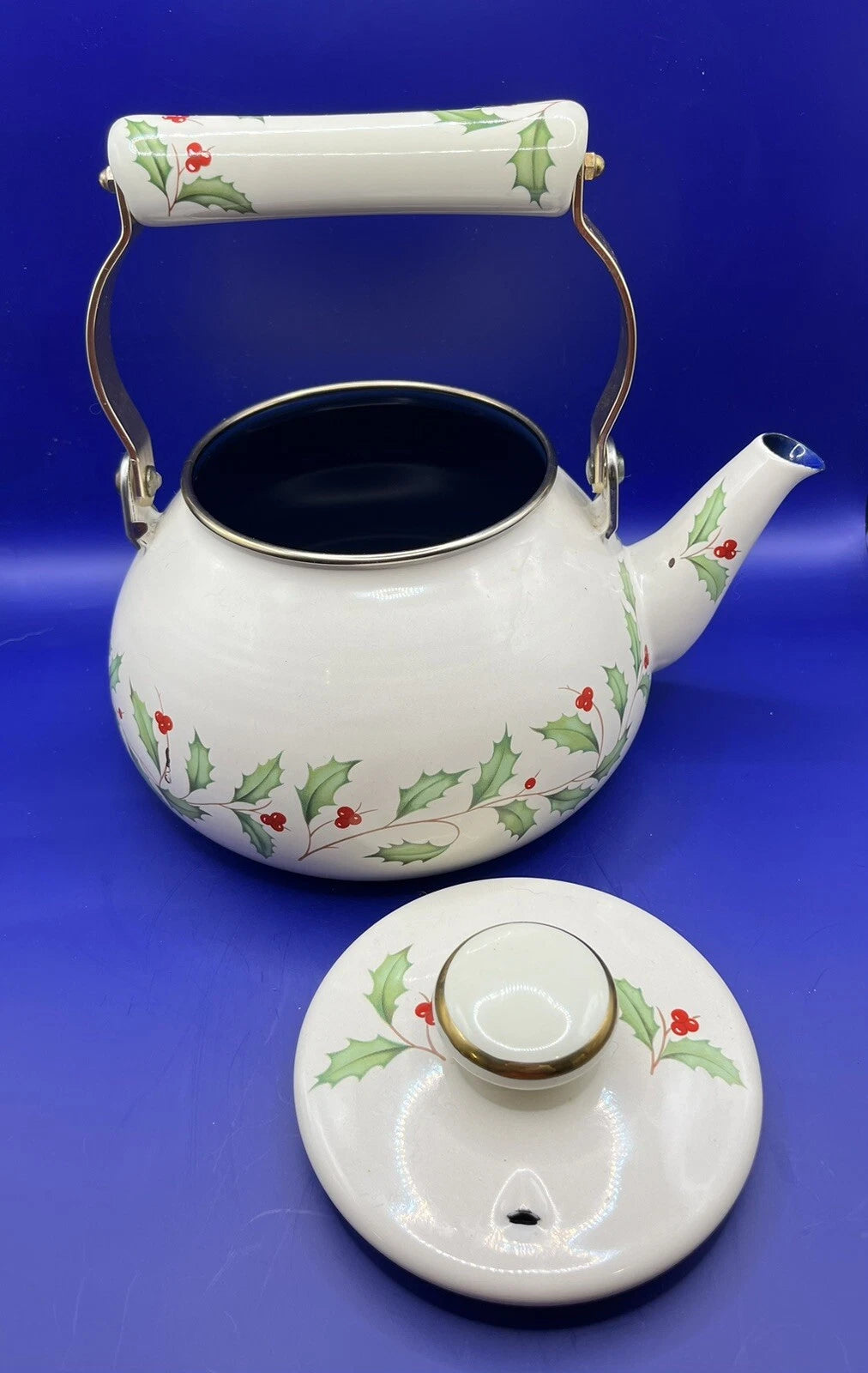 Lenox Tea Kettle Holiday Holly Berry Enamel Pot Porcelain Handle Christmas Metal | eBay