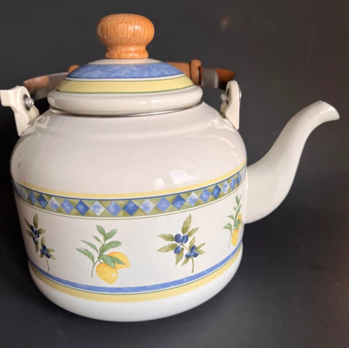 Enamel Ware Royal Doulton Carmina Tea Pot Lemons with Wooden Handle Very Nice | eBay