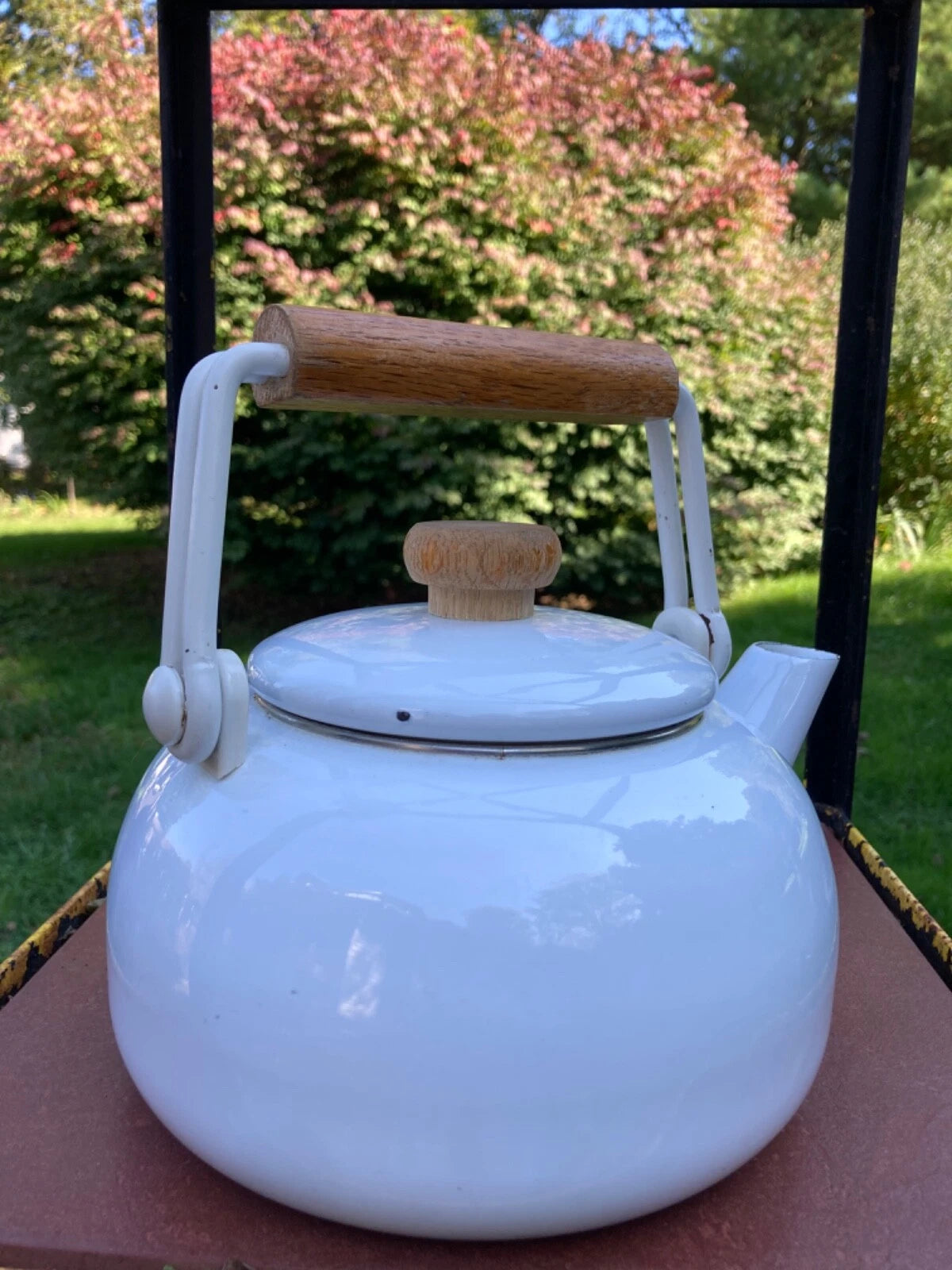 Enamel White MidCentury Tea Pot Kettle Wooden Handle & Knob Vintage | eBay