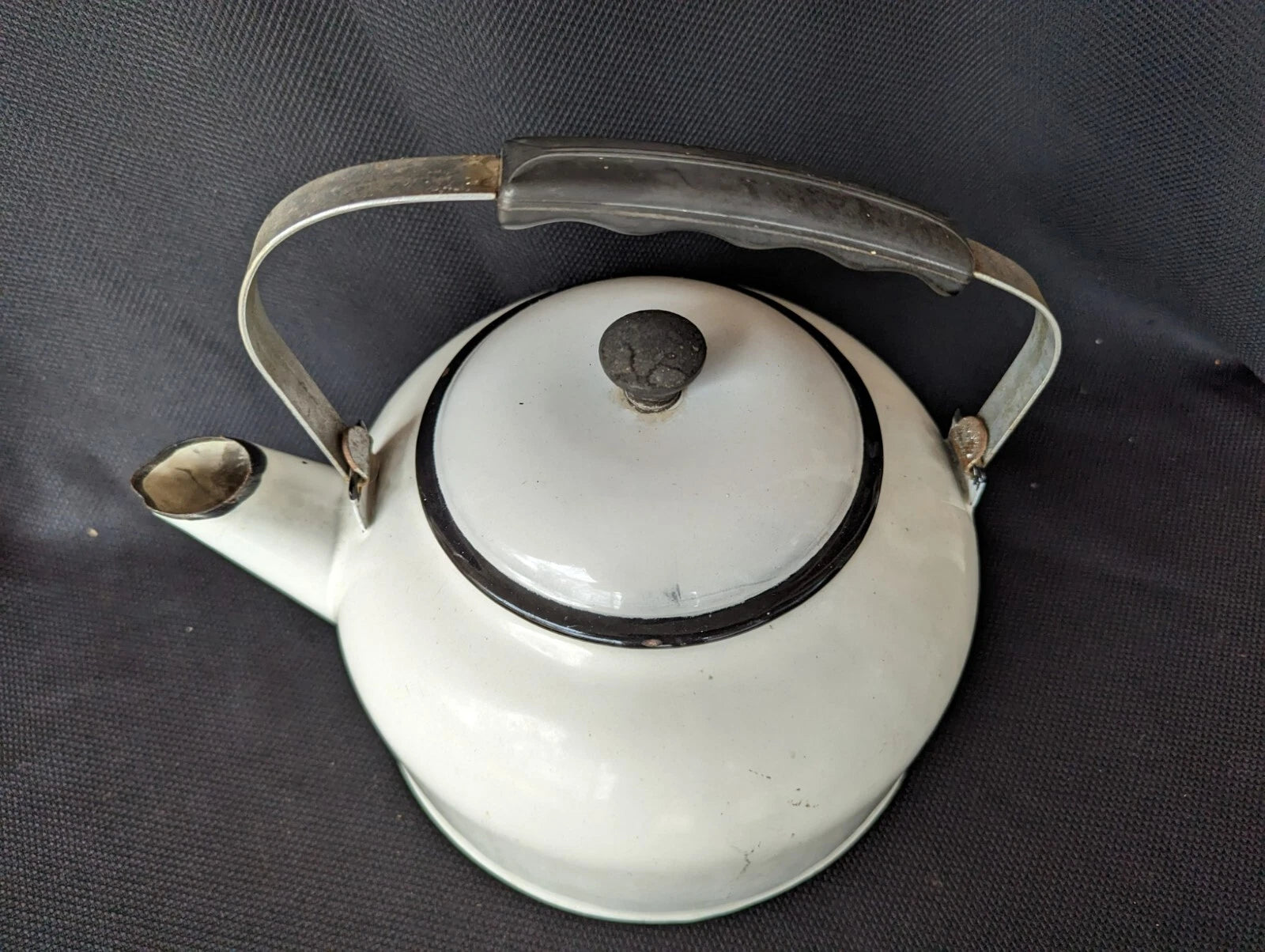 Antique Enamelware White Tea Pot Coffee Kettle Porcelain
