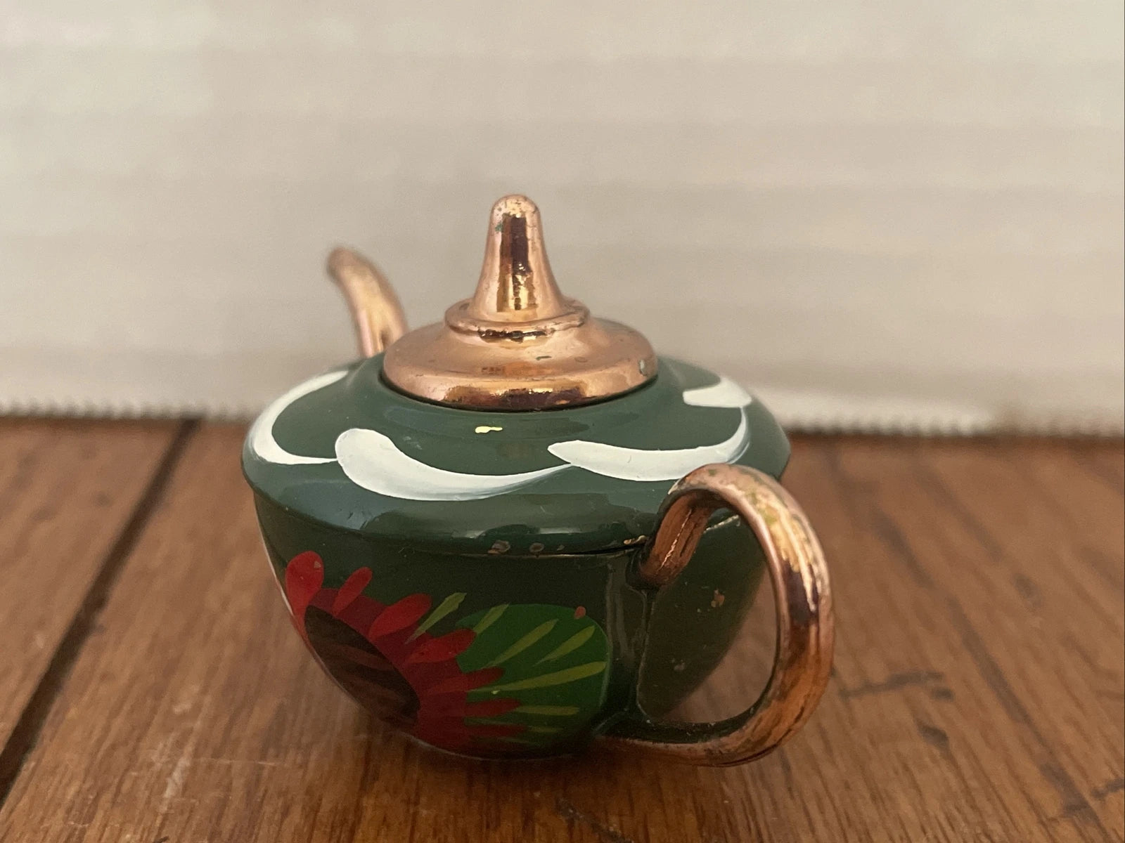 Minature Tole Enamel English Teapot Wales  Hand Painted