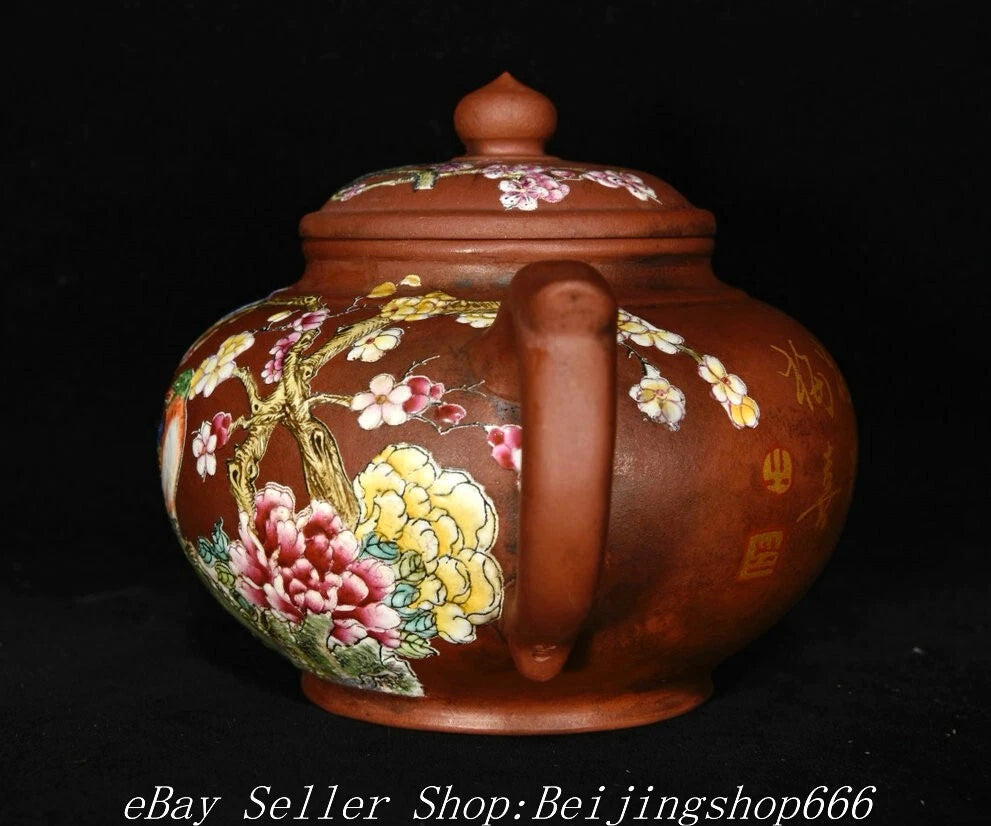 6.4" Marked Chinese Zisha Colour enamels Porcelain Flower Handle Kettle Teapot