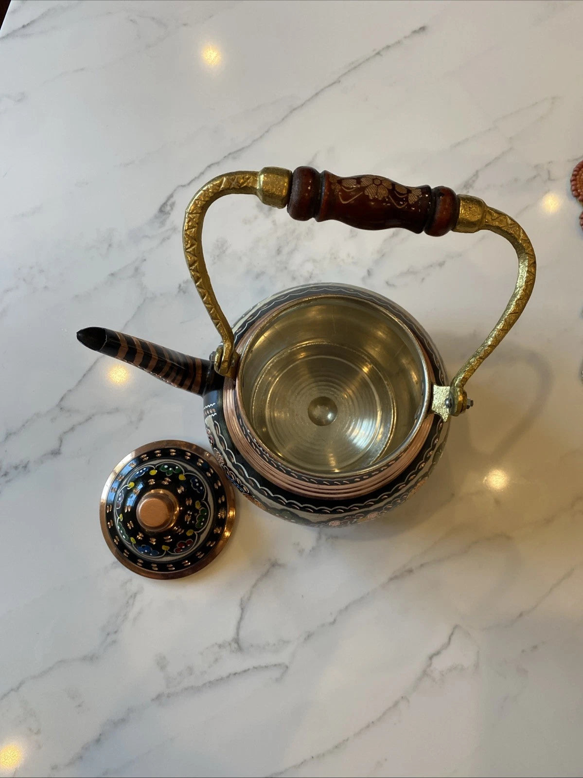 Handmade Copper Turkish Teapot w/ Infuser – Hand Painted Floral Enamel Kettle